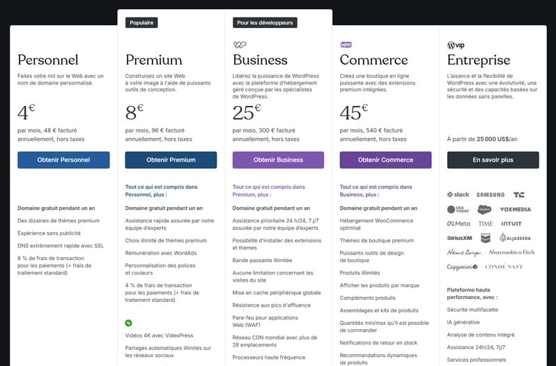tarifs WordPress