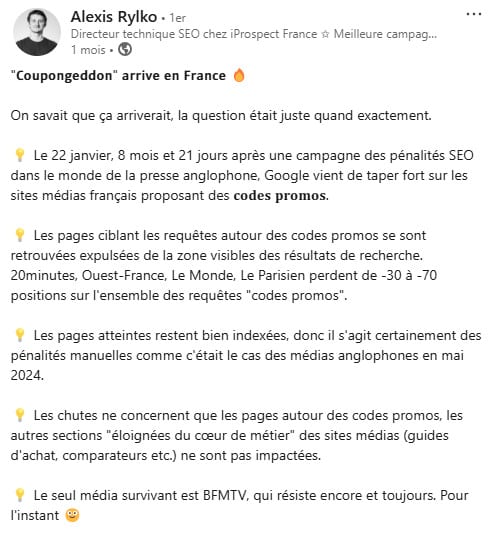 Post linkedin sur les pénalités manuelles de Google sur les mots clés codes promos